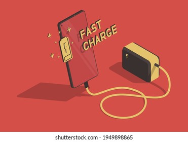 Isometric illustration with smartphone on the theme of fast charging