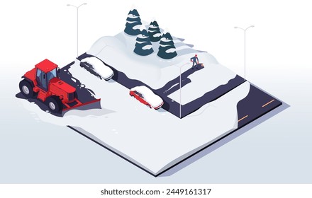 Isometric illustration of snow removal process with vehicles, trees and streetlamp on a light background, concept of winter services. Vector illustration