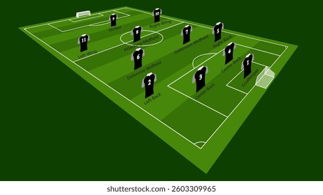 Isometric illustration of a soccer field with player positions labeled. Ideal for sports tactics 4-2-3-1, coaching strategies, and football analysis
