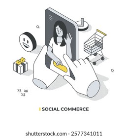 Isometric illustration of social commerce, showing hands interacting with screen where influencer promotes product or service and holds buy button. Hands press button, adding product to shopping cart