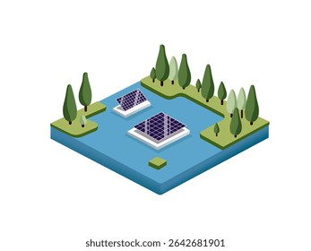 Isometric Illustration of Solar Panels on a Lake Island.It is a new clean energy alternative and is environmentally friendly.