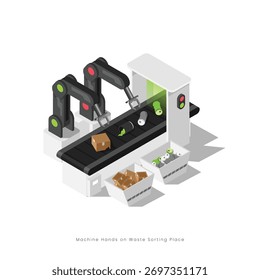 Ilustração isométrica de triagem de diferentes tipos de gestão de resíduos com braço robô na correia transportadora em instalação industrial moderna de reciclagem de resíduos