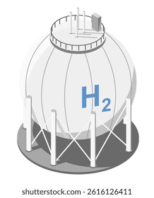 Isometric illustration of a spherical hydrogen storage tank with support structures and labeled H2 symbol used for clean energy and industrial applications