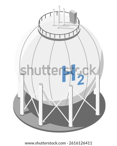 Isometric illustration of a spherical hydrogen storage tank with support structures and labeled H2 symbol used for clean energy and industrial applications