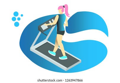 isometric illustration of sports activities, running on machines, vector illustration