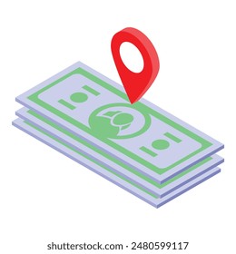 Isometric illustration of stacked bills with a red location pin, concept for finance tracking