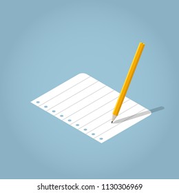 Isometric illustration of standing pencil of sheet of paper. Writing or signing pencil concept.