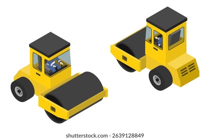 Isometric illustration: steamroller and operator