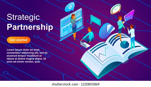 
Isometric illustration of a strategic partnership. Made with gradients of pink orange and blue shades. Background for sites, banners, posters. 
People discuss the project with icons above their heads