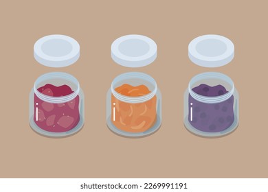 Isometrische Illustration von Erdbeermarmelade, Marmelade und Blaubeermarmelade in Gläsern