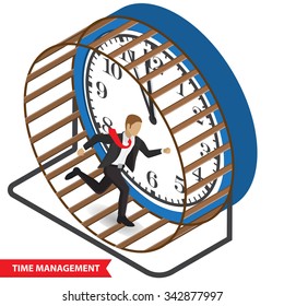 Isometric Illustration Of A Stressed Businessman In A Suit Running In A Hamster Wheel. Time Management Abstract Illustration, Isometric Style. Time Management Concept. Isolated On  White Background