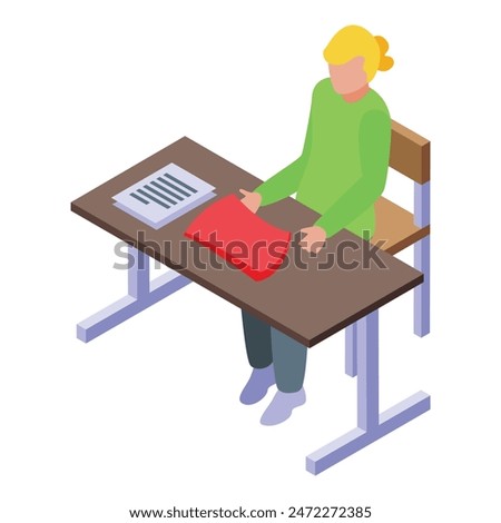 Isometric illustration of a student focused on reading at a study desk