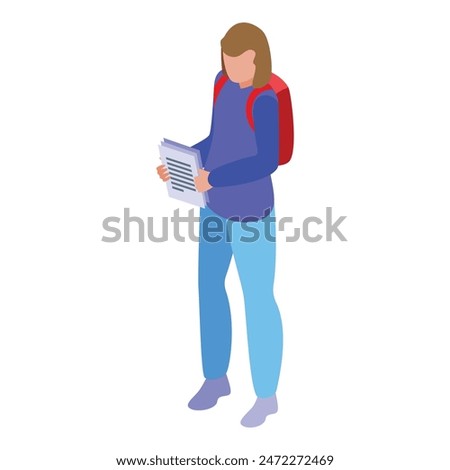 Isometric illustration of a student holding papers, wearing a backpack