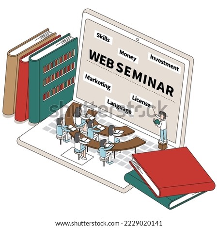 It is an isometric illustration of a student who learns in an online class and a teacher who teaches.