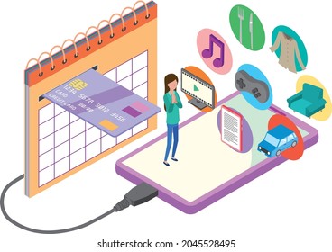 Isometric Illustration Of A Subscription For Women To Use The Service