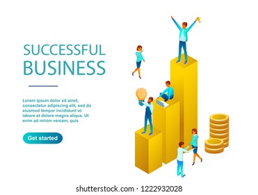 Isometric illustration of a succsseful business. Made with gradients of red orange and blue shades. Background for sites, banners, posters. People holding light bulbs standing on graphic