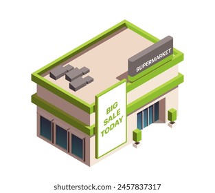 Isometric illustration of a supermarket with a BIG SALE TODAY banner, on a white background, depicting the concept of retail promotion. 3d isometric vector illustration