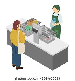 Ilustração isométrica: atendente de supermercado e cliente