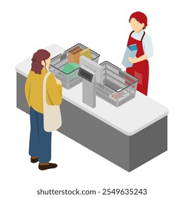 Isometric illustration: Supermarket clerk and customer (red apron)