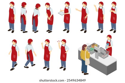 Ilustração isométrica: Empregador de supermercado (avental vermelho)