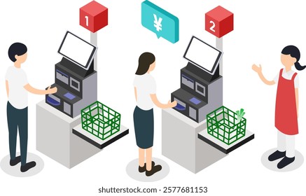 An isometric illustration of a supermarket with a customer using a self-checkout, a shopper, and a staff member providing guidance