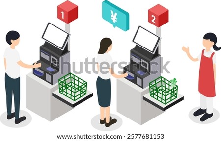 An isometric illustration of a supermarket with a customer using a self-checkout, a shopper, and a staff member providing guidance