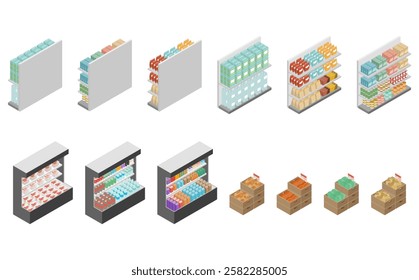 Isometric illustration: supermarket product display shelves