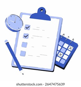 Uma ilustração isométrica que simboliza gerenciamento de tempo, planejamento e produtividade. Possui uma área de transferência com uma lista de verificação completa, um relógio e um calendário, representando organização e reunião
