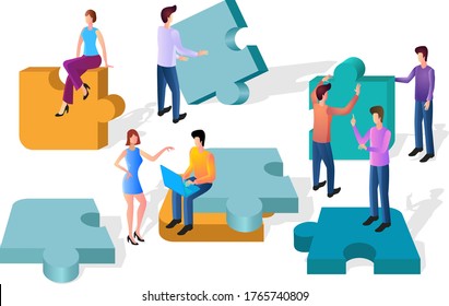 An isometric illustration of teamwork.Business concept, people connect puzzles.A symbol of a team, partnership work, and a metaphor for partnership.Vector illustration.