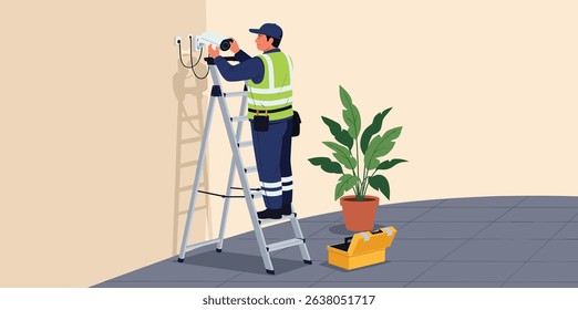 Isometric illustration of a technician installing a security CCTV camera on an indoor wall while standing on ladder with toolbox nearby
