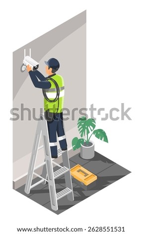 Isometric illustration of a technician installing a security CCTV camera on an indoor wall while standing on ladder with toolbox nearby