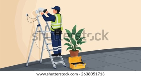 Isometric illustration of a technician installing a security CCTV camera on an indoor wall while standing on ladder with toolbox nearby