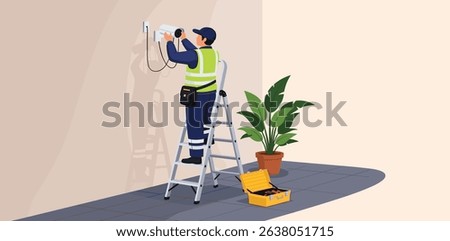 Isometric illustration of a technician installing a security CCTV camera on an indoor wall while standing on ladder with toolbox nearby