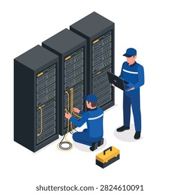 Isometric illustration of IT technicians servicing data center server racks, checking connections and hardware for reliable network infrastructure and uptime.