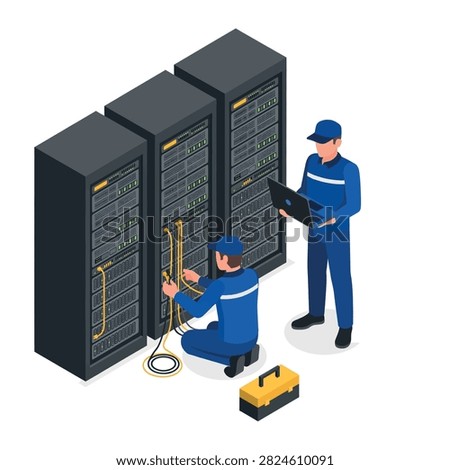 Isometric illustration of IT technicians servicing data center server racks, checking connections and hardware for reliable network infrastructure and uptime.