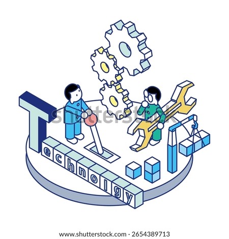 An isometric illustration of technology characters and children moving gears.