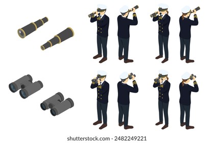 Isometric illustration: telescope and binoculars