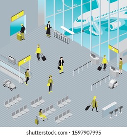 Isometric illustration. Terminal terminal inside. Reception in the arrivals area, baggage inspection area
