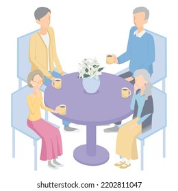 It is an isometric illustration that senior men and senior women spend happily talking.