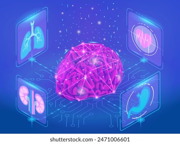 Isometric illustration. Think tank. Artificial intelligence management of internal organs