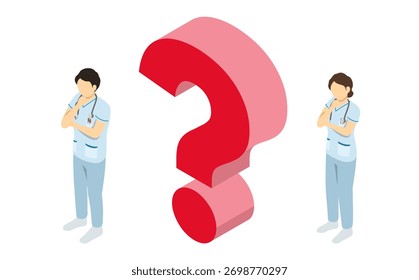Isometric illustration: thinking nurse and question mark