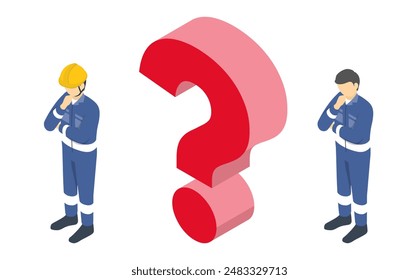 Isometric illustration: a thinking worker wearing blue work clothes