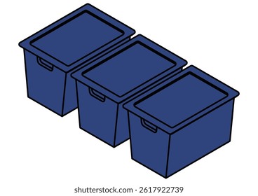 Isometric illustration of three blue lidded storage containers aligned in a row