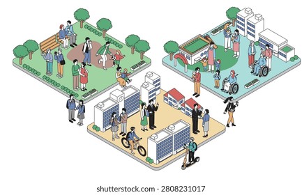 Isometric illustration of three city areas featuring park, childcare, and office zones with diverse multigenerational people