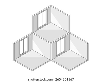 Ilustración isométrica de tres habitaciones interconectadas con ventanas. Concepto de Plan de casa vacía para arquitectura o diseño de interiores.