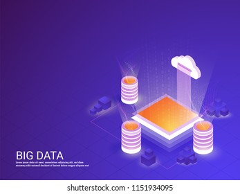Isometric illustration of three local server connected with cloud server between glowing matrix coding rays for Big Data concept web template design.