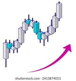 Isometric illustration of a three-dimensional ascending chart. Infographic material for investment and forex. Simple illustration with main lines. Facing right.