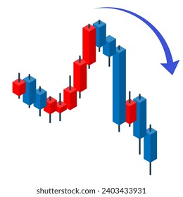 Isometric illustration of a three-dimensional falling chart. Infographic material for investment and forex.