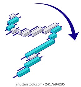 Isometric illustration of a three-dimensional falling chart. Infographic material for investment and forex. Illustration material with upward 1, main line.
