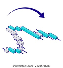 Isometric illustration of a three-dimensional falling chart. Infographic material for investment and forex. Simple illustration with top view method 2 and main lines.